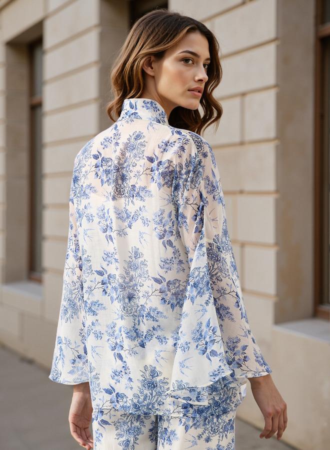 ايكونيك قميص بطبعة زهور أيقونية بياقة فيونكة وأكمام الجرس - Image 3
