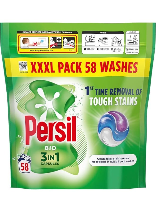 Bio 3 in 1 Washing Capsules 1st time removal of tough stains outstanding stain removal in quick & cold washes 58 washes