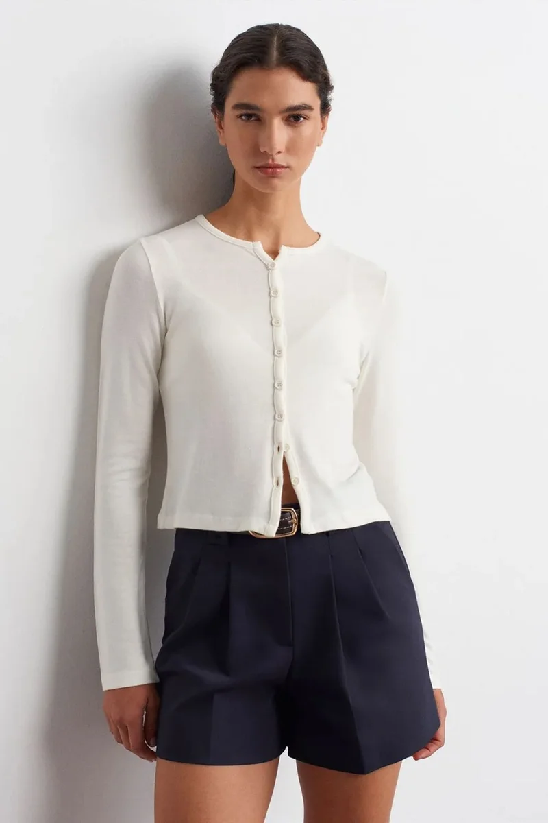 Dilvin Dusty White DILVIN Ribbed Button-Front Cardigan for Women | Best Price UAE