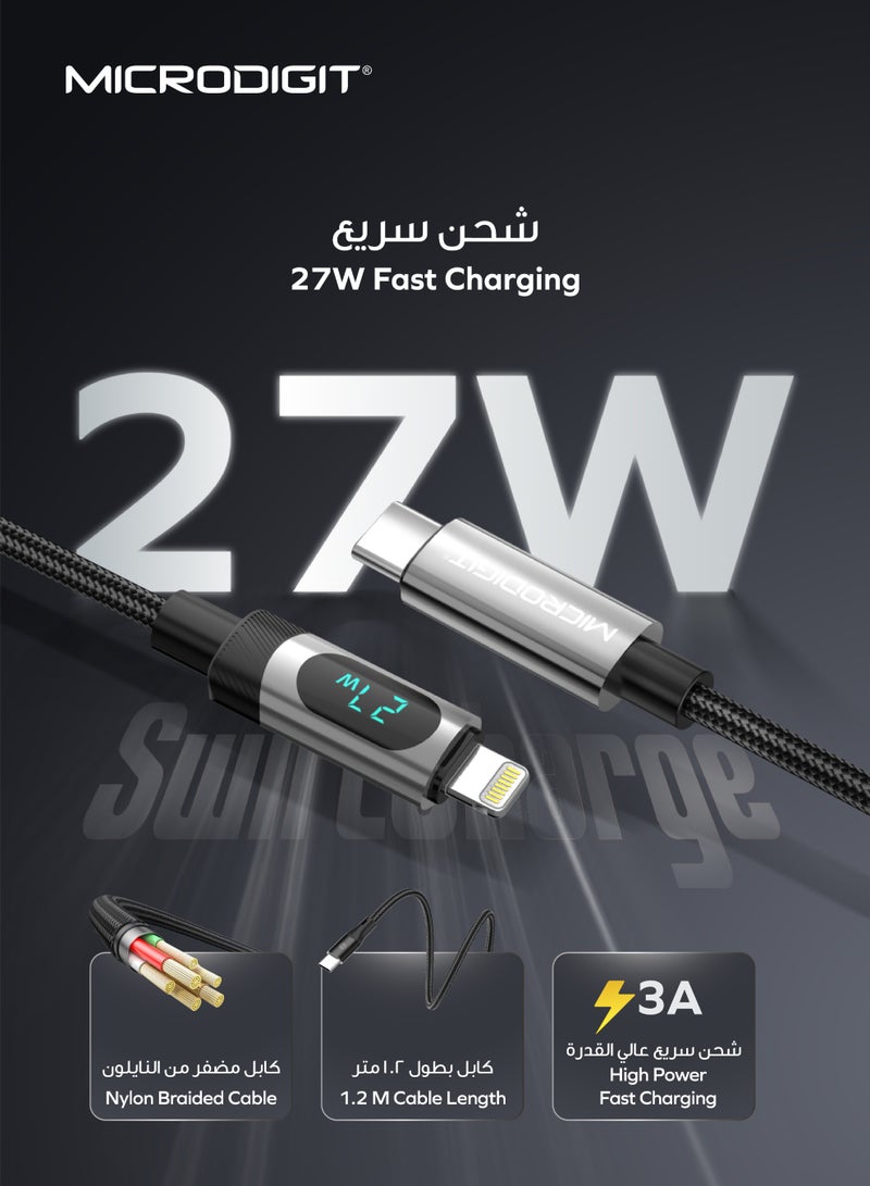 ميكرو ديجيت كابل بريميوم PD نوع C إلى لايتنينغ 27W كابل شحن سريع، نقل بيانات أسرع، 3.1A، 1.2M، كابل مضفر من النايلون مع شاشة رقمية - Image 2