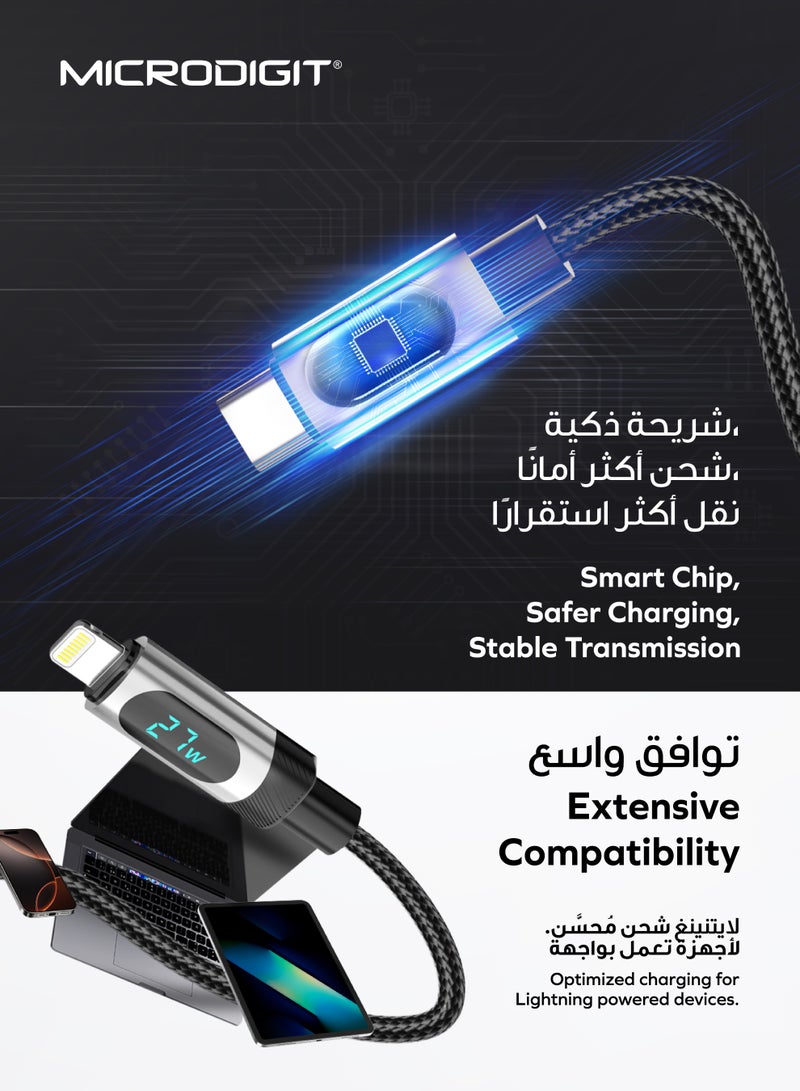 ميكرو ديجيت كابل بريميوم PD نوع C إلى لايتنينغ 27W كابل شحن سريع، نقل بيانات أسرع، 3.1A، 1.2M، كابل مضفر من النايلون مع شاشة رقمية - Image 4