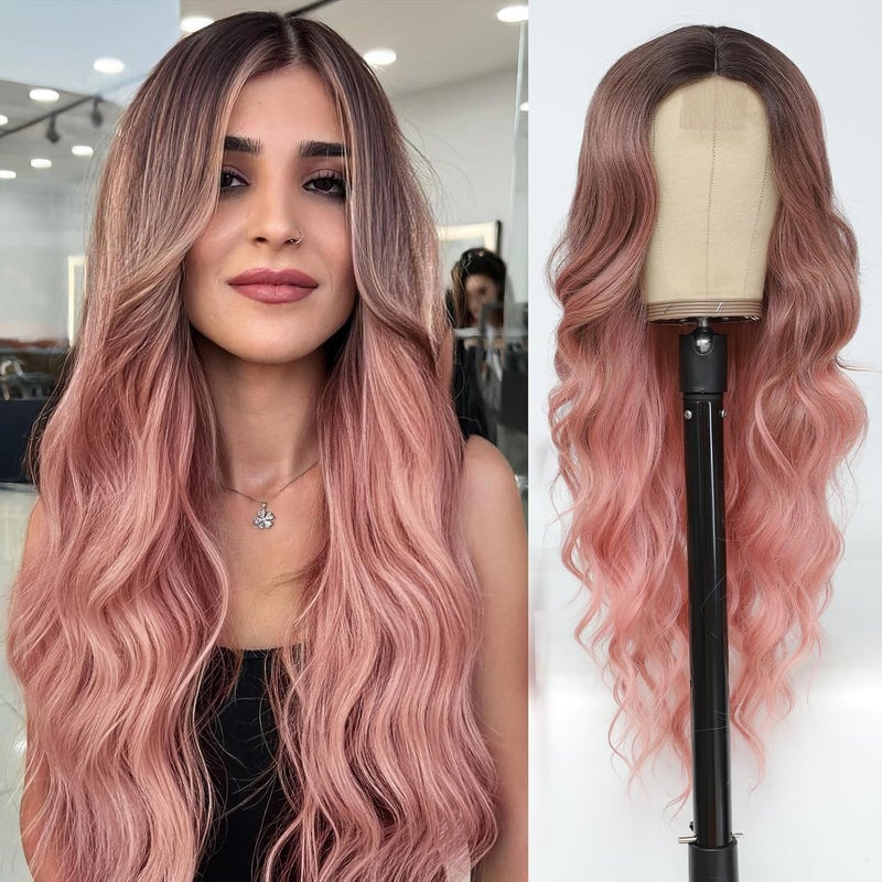 NAYOO Long Wavy Wigs for Women Middle Part Ombre Pink Wig with Dark Roots Synthetic Heat Resistant Fiber Women Wigs for Daily Party Use Pink