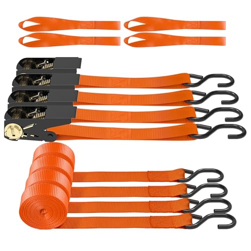 AWELCRAFT Ratchet Straps, 1500 lbs Breaking Strength - Premium 4X 15ft Tie Down Strap Set, 4X Soft Loops for Moving Appliances, Lawn Equipment, Motorcycle (Orange) - Image 1