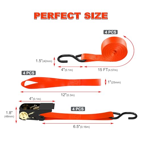 AWELCRAFT Ratchet Straps, 1500 lbs Breaking Strength - Premium 4X 15ft Tie Down Strap Set, 4X Soft Loops for Moving Appliances, Lawn Equipment, Motorcycle (Orange) - Image 2
