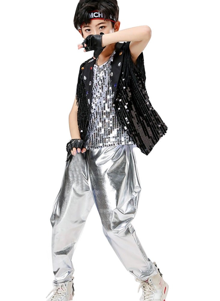 Al Aoyama boys child teens Sequins Top Sequins vest Pants Set Street Dance Outfits Hip Hop Jazz Dance Performance Costume Blue 5-18 Years - Image 1