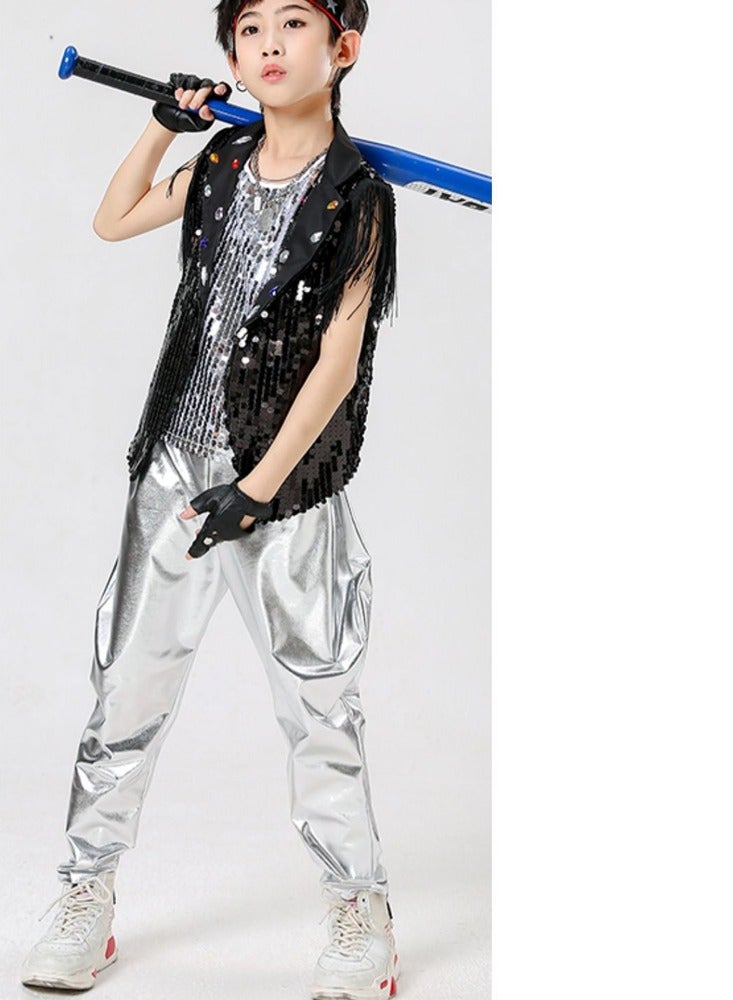 Al Aoyama boys child teens Sequins Top Sequins vest Pants Set Street Dance Outfits Hip Hop Jazz Dance Performance Costume Blue 5-18 Years - Image 2