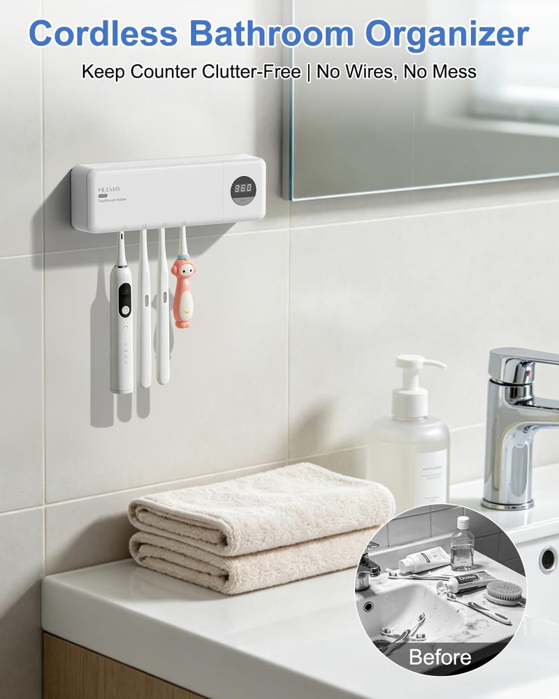 hulmay UV Toothbrush Sanitizer with Holder, Electric Toothbrush Holder Wall Mounted with Cover for 4 Slots, 2000mAh Rechargeable with Timer, Cordless Bathroom Organizer - White - Image 5
