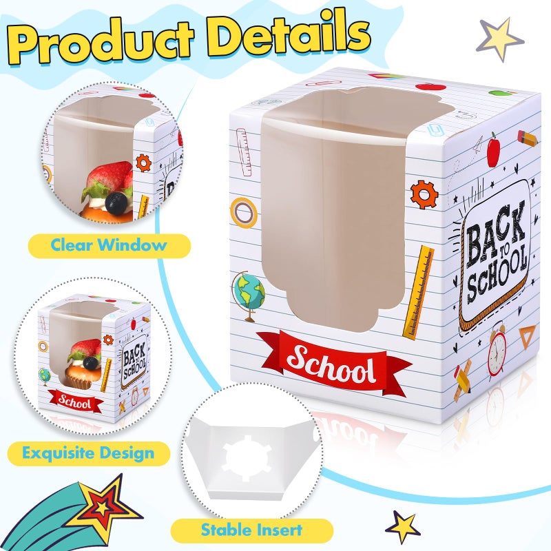 Sayglossy 48 PCS Back to School Party Cupcake Boxes Individual with Window Inserts First Day of School Single Cupcake Containers Welcome Back to School Cake Treat Boxes for School Classroom Party Favor Supplies - Image 5