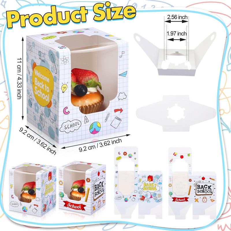 Sayglossy 48 PCS Back to School Party Cupcake Boxes Individual with Window Inserts First Day of School Single Cupcake Containers Welcome Back to School Cake Treat Boxes for School Classroom Party Favor Supplies - Image 3