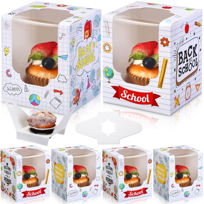 Sayglossy 48 PCS Back to School Party Cupcake Boxes Individual with Window Inserts First Day of School Single Cupcake Containers Welcome Back to School Cake Treat Boxes for School Classroom Party Favor Supplies - Image 1