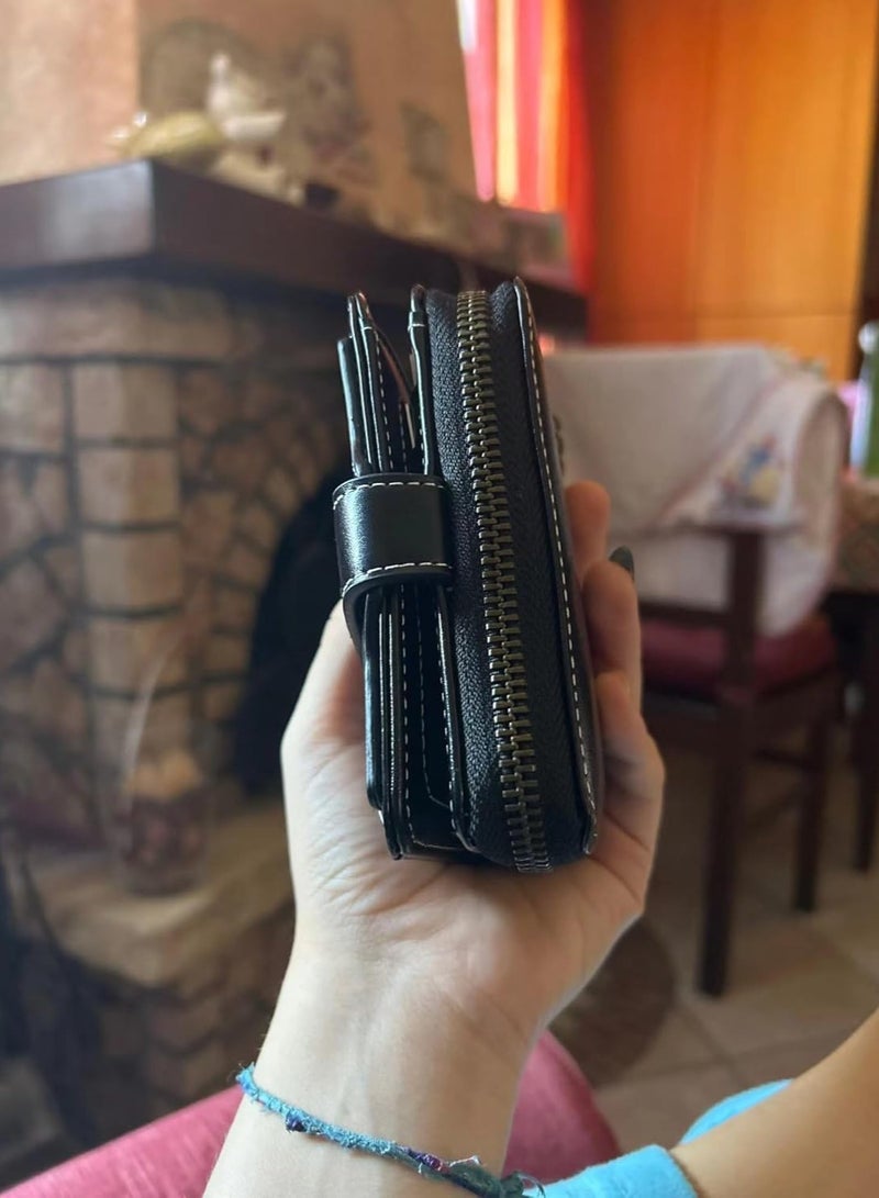 محفظة صغيرة للنساء ذات فتح زيب وثنائية المطوية، محفظة فينتاج، حقيبة غوت، محفظة نقدية صغيرة من الجلد بجيب عملة مزود بزيب (أسود، صغيرة) - Image 5
