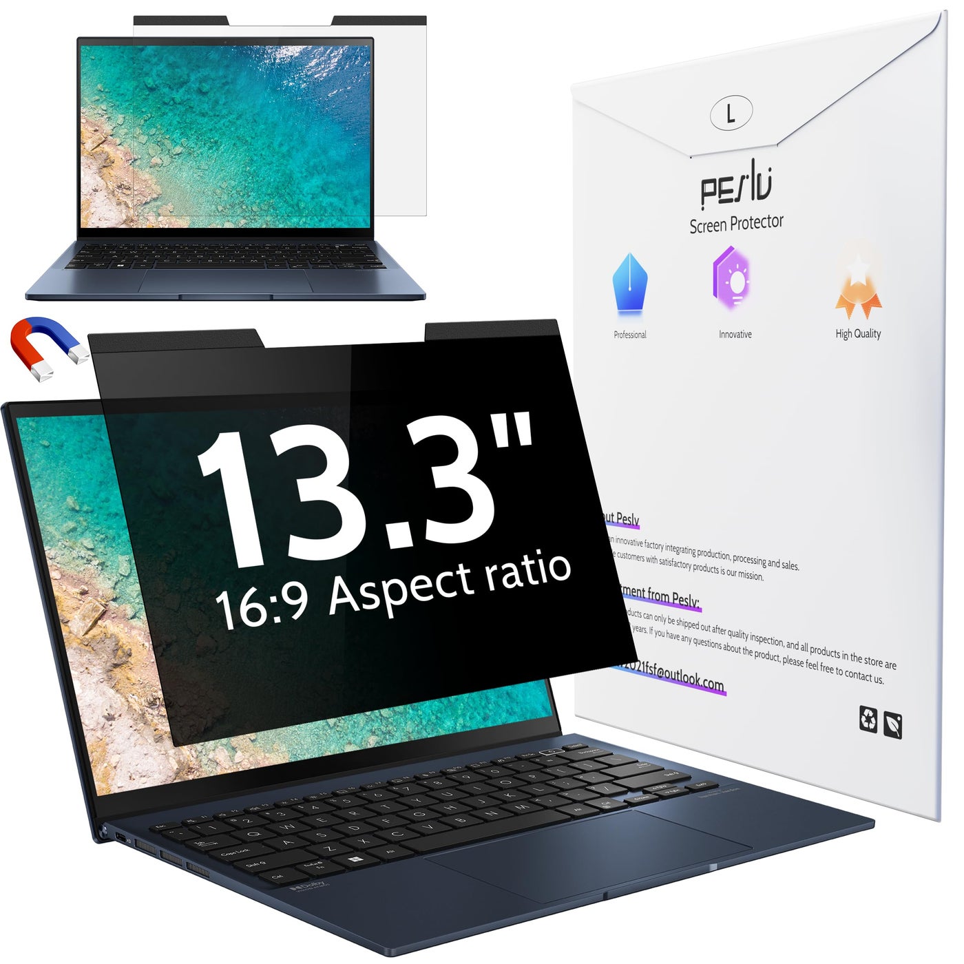 Peslv Magnetic Laptop Privacy Screen 13.3 Inch for 16:9 Computer Monitor, 13" Removable Anti Glare Protector Blue Light Filter Shield Compatible with Lenovo Hp Dell Acer Asus Thinkpad Envy Xps