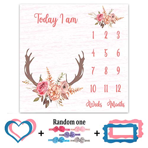 PHMOJEN Monthly Milestone Blanket for Baby Girl, Deer Antler Flowers with Words Pink Baby Growth Chart Monthly Blanket | Includes Markers 47"x47" BTLSPH68 - Image 2