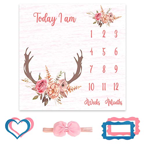 PHMOJEN Monthly Milestone Blanket for Baby Girl, Deer Antler Flowers with Words Pink Baby Growth Chart Monthly Blanket | Includes Markers 47"x47" BTLSPH68 - Image 3