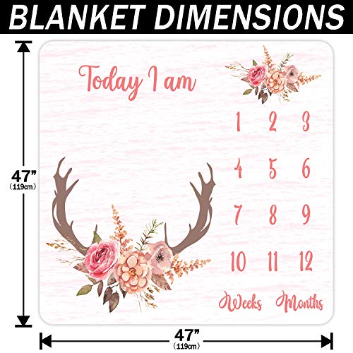 PHMOJEN Monthly Milestone Blanket for Baby Girl, Deer Antler Flowers with Words Pink Baby Growth Chart Monthly Blanket | Includes Markers 47"x47" BTLSPH68 - Image 5