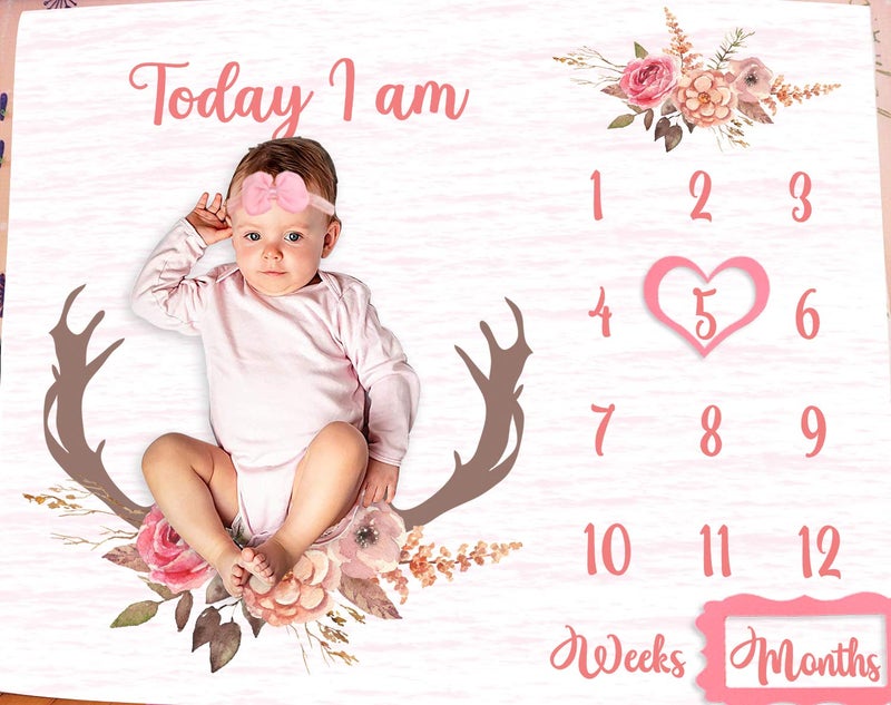 PHMOJEN Monthly Milestone Blanket for Baby Girl, Deer Antler Flowers with Words Pink Baby Growth Chart Monthly Blanket | Includes Markers 47"x47" BTLSPH68 - Image 1