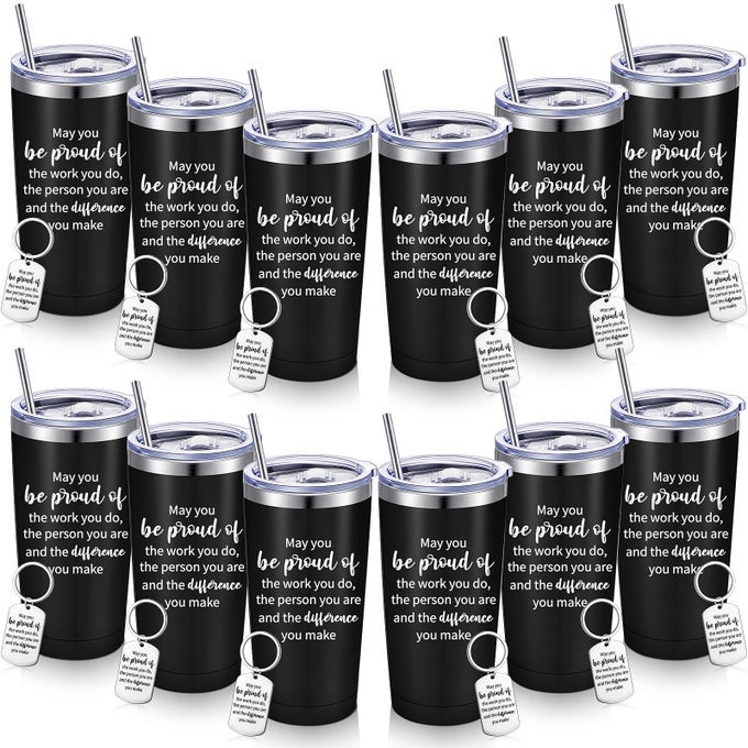 12 SETS THANK YOU GIFTS MAY YOU BE PROUD WOMEN TUMBLER WITH KEYCHAIN 20 OZ STAINLESS STEEL INSULATED CUP WITH LIDS AND STRAWS APPRECIATION GIFT FOR EMPLOYEE TEACHER NURSE VOLUNTEERBLACK