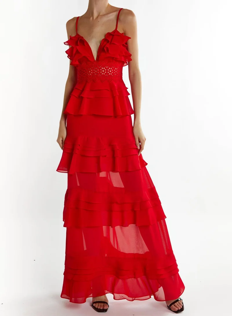 Sophia Red Deep Plunge Layered Ruffle Maxi-Dress