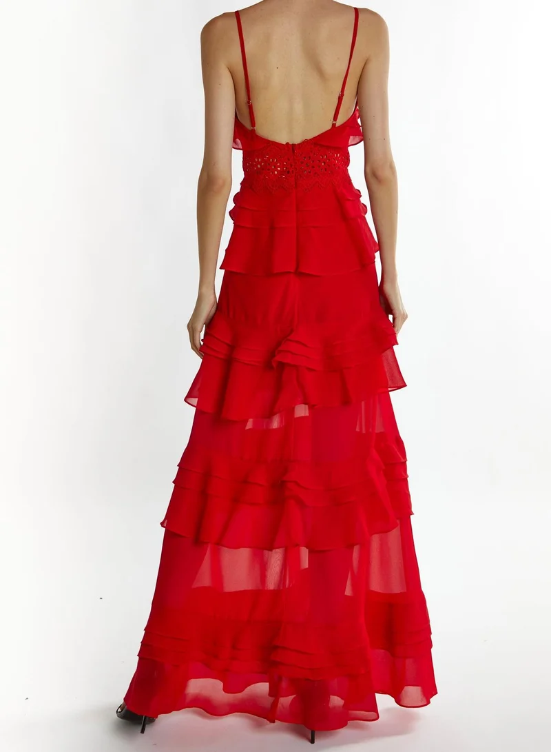 True Decadence Sophia Red Deep Plunge Layered Ruffle Maxi-Dress