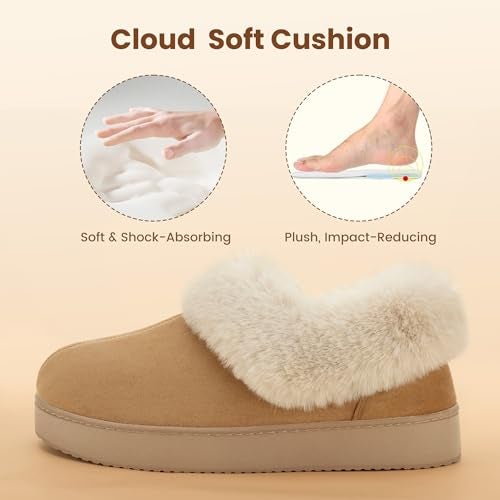 Zigzagger Women’s Memory Foam Slippers, Cozy House Shoes Indoor Outdoor with Microsuede Upper, Thick Fuzzy Fur Collar and Non-Slip Rubber Sole (Tan,Size 8) - Image 5