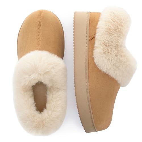 Zigzagger Women’s Memory Foam Slippers, Cozy House Shoes Indoor Outdoor with Microsuede Upper, Thick Fuzzy Fur Collar and Non-Slip Rubber Sole (Tan,Size 8) - Image 1