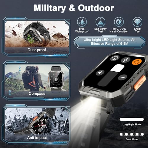 Blackview Military Smart Watch for MenAnswerMake Call Outdoor Sports Smartwatch with Flashlight100 Days BatteryCompassHeart RateSpO2Sleep Monitor2 Straps Fitness Tracker for iPhoneAndroid Phones - Image 3