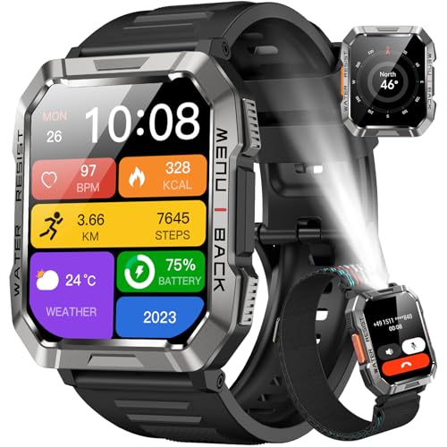 Blackview Military Smart Watch for MenAnswerMake Call Outdoor Sports Smartwatch with Flashlight100 Days BatteryCompassHeart RateSpO2Sleep Monitor2 Straps Fitness Tracker for iPhoneAndroid Phones - Image 1