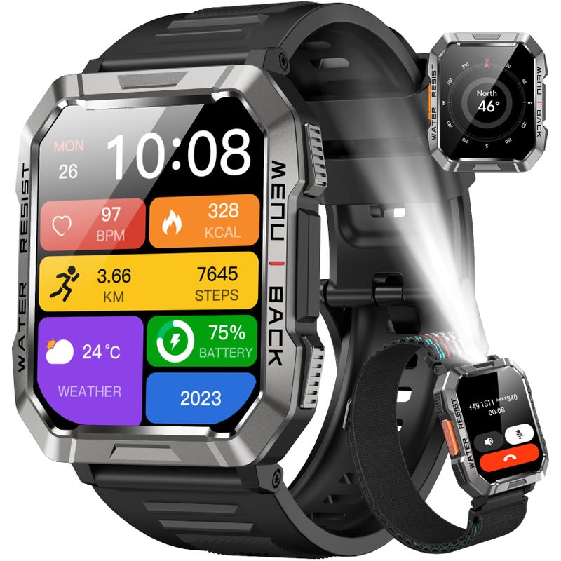 Blackview Military Smart Watch for MenAnswerMake Call Outdoor Sports Smartwatch with Flashlight100 Days BatteryCompassHeart RateSpO2Sleep Monitor2 Straps Fitness Tracker for iPhoneAndroid Phones - Image 2