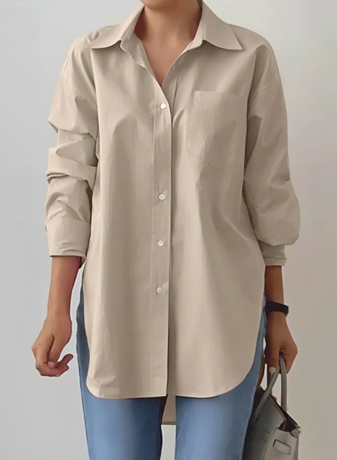 Loquat Women's Side Slit Lapel Shirts Solid Casual Loose Long Sleeves Blouses Tops Khaki  - Image 1