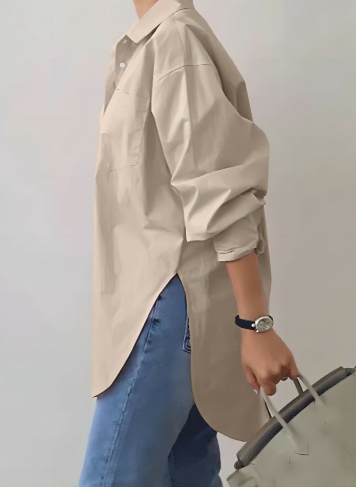 Loquat Women's Side Slit Lapel Shirts Solid Casual Loose Long Sleeves Blouses Tops Khaki  - Image 2