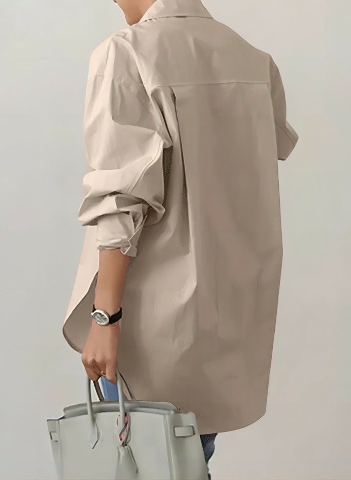 Loquat Women's Side Slit Lapel Shirts Solid Casual Loose Long Sleeves Blouses Tops Khaki  - Image 3