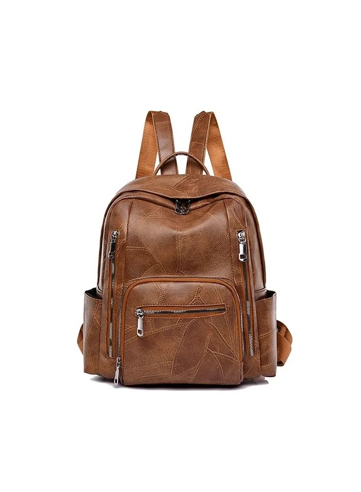 1-Piece Ladies Vintage Soft Pu Leather Large Capacity Backpack,Multi-Pocket Student Backpack Travel Rucksack,Colour Brown - Image 1