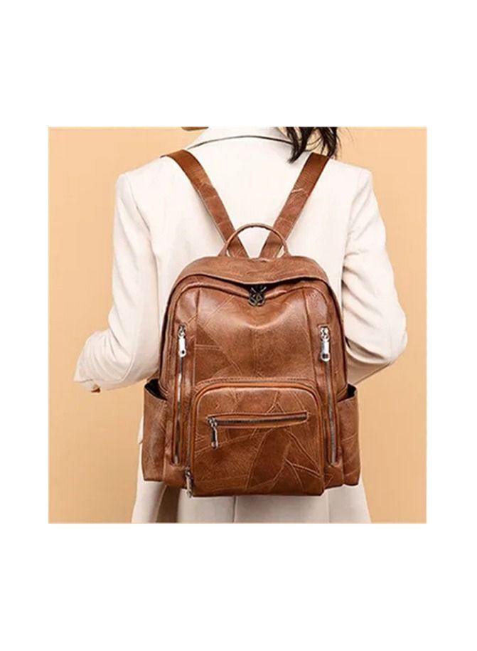 1-Piece Ladies Vintage Soft Pu Leather Large Capacity Backpack,Multi-Pocket Student Backpack Travel Rucksack,Colour Brown - Image 3