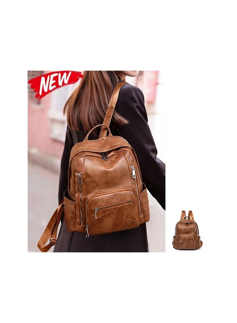 1-Piece Ladies Vintage Soft Pu Leather Large Capacity Backpack,Multi-Pocket Student Backpack Travel Rucksack,Colour Brown - Image 5