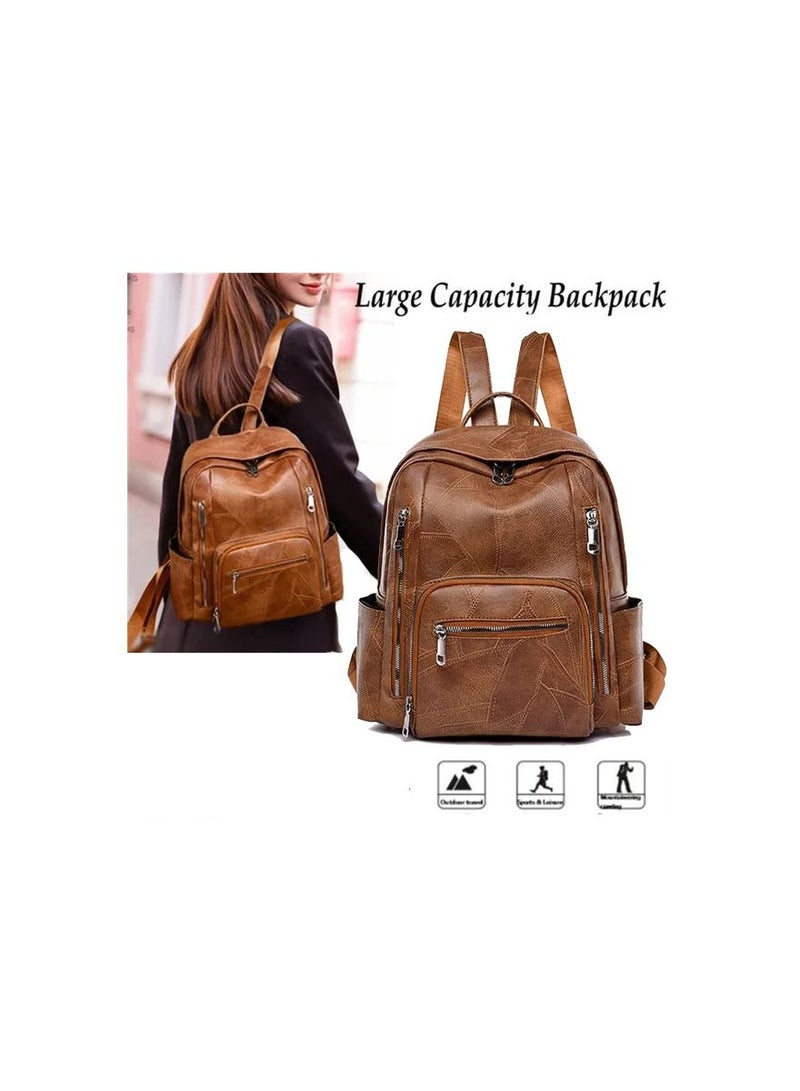1-Piece Ladies Vintage Soft Pu Leather Large Capacity Backpack,Multi-Pocket Student Backpack Travel Rucksack,Colour Brown - Image 4