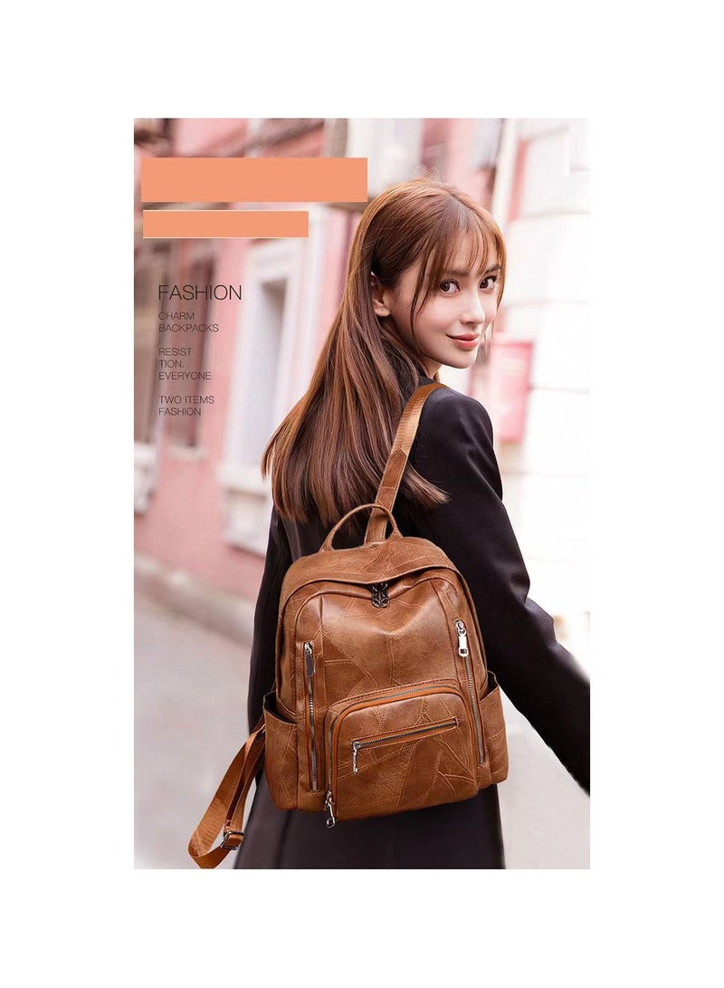 1-Piece Ladies Vintage Soft Pu Leather Large Capacity Backpack,Multi-Pocket Student Backpack Travel Rucksack,Colour Brown - Image 2