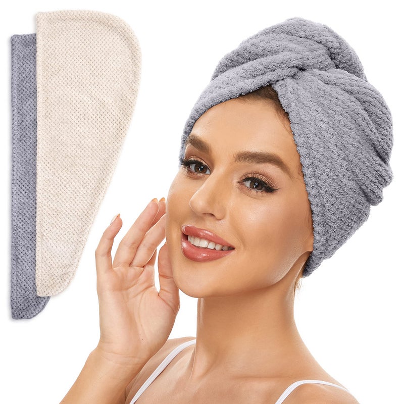 SimpleField 2 Pack Microfiber Hair Towel Wrap for Women, Anti Frizz Quick Drying Hair Turban for All Hair Style, Absorbent and Lightweight (Beige + Grey) - Image 1