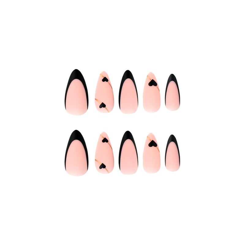 CTTHNBD Black French Tip Press On Nails - Almond Medium Fake Nails with Gold Line Design - Heart Full Cover Stick On Nails for Women - 24 Pcs - Image 5