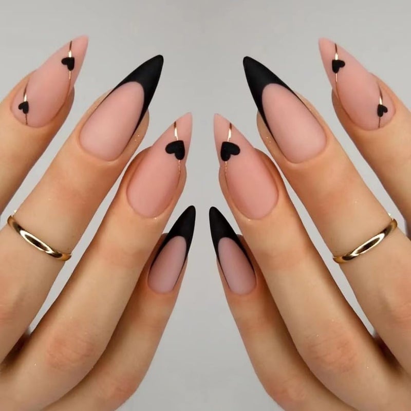 CTTHNBD Black French Tip Press On Nails - Almond Medium Fake Nails with Gold Line Design - Heart Full Cover Stick On Nails for Women - 24 Pcs - Image 1