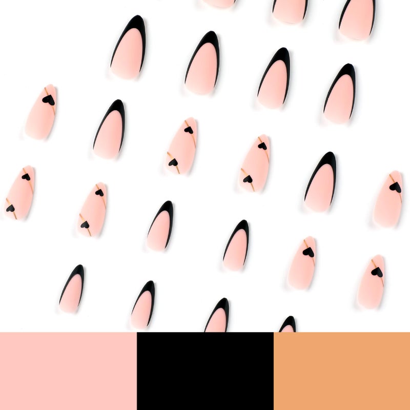 CTTHNBD Black French Tip Press On Nails - Almond Medium Fake Nails with Gold Line Design - Heart Full Cover Stick On Nails for Women - 24 Pcs - Image 4