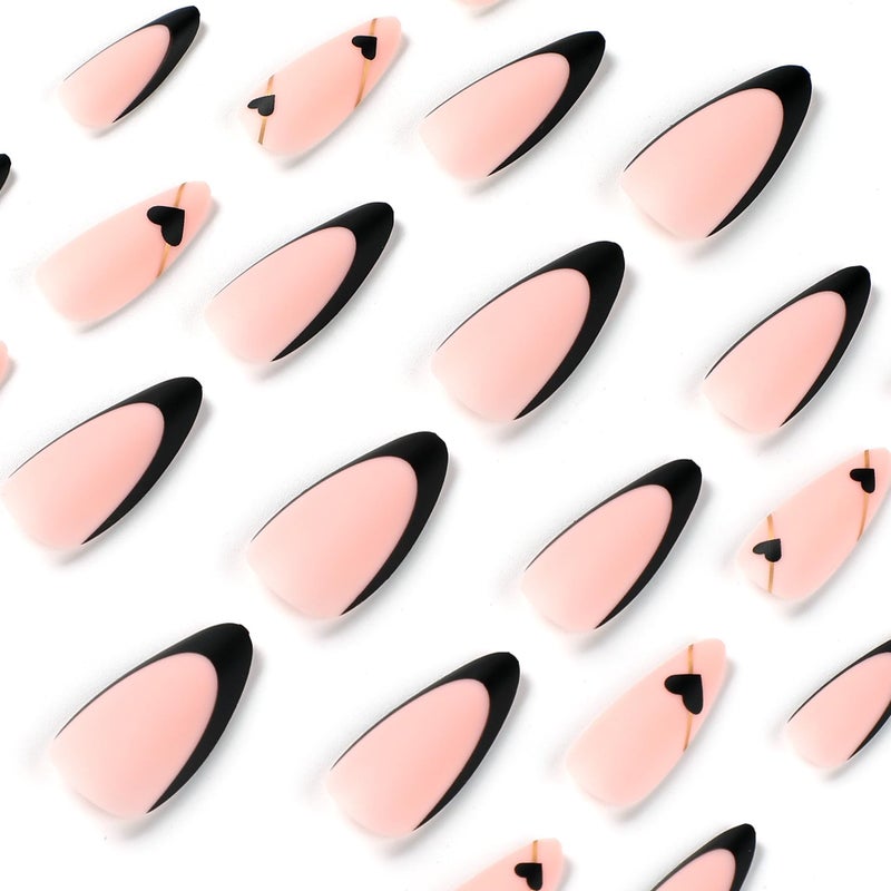 CTTHNBD Black French Tip Press On Nails - Almond Medium Fake Nails with Gold Line Design - Heart Full Cover Stick On Nails for Women - 24 Pcs - Image 3