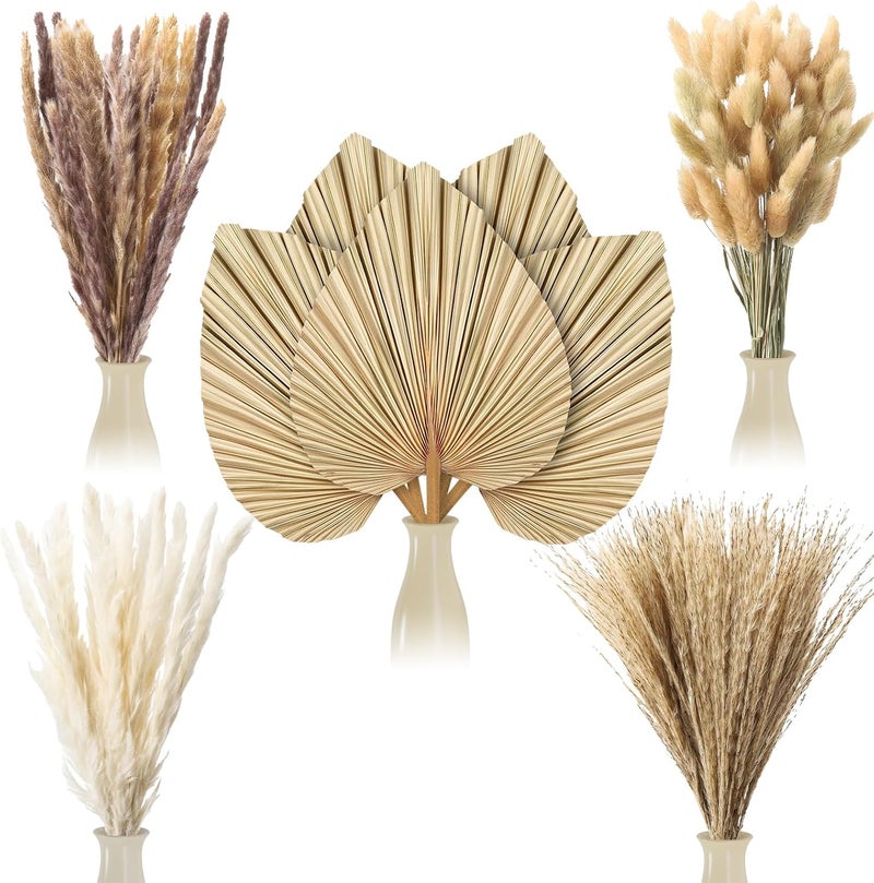 ZhouBoat 105 Pcs Boho Dried Pampas Grass Decor Bulk, Large Dried Palm Spears Bunny Tails Pampas Reed Grass Dried Palm Leaves Dried Flower Bouquet Boho Centerpieces for Wedding Home Tables Decor - Image 1