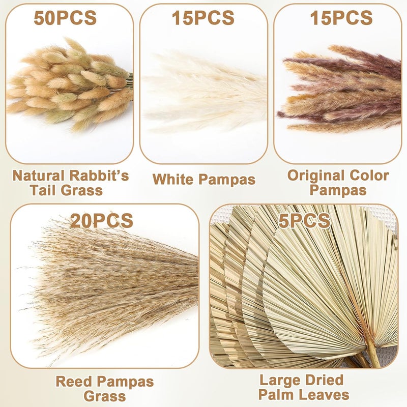 ZhouBoat 105 Pcs Boho Dried Pampas Grass Decor Bulk, Large Dried Palm Spears Bunny Tails Pampas Reed Grass Dried Palm Leaves Dried Flower Bouquet Boho Centerpieces for Wedding Home Tables Decor - Image 2