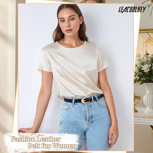 LEACOOLKEY 2 Pack Women Leather Belts for Jeans Dress Fashion Ladies Belt with Gold Silver Buckle - Image 2