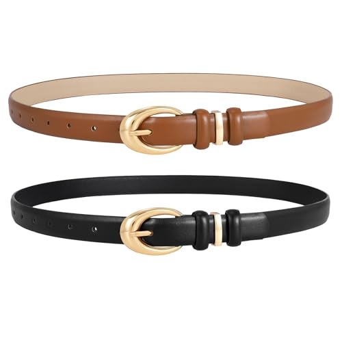 LEACOOLKEY 2 Pack Women Leather Belts for Jeans Dress Fashion Ladies Belt with Gold Silver Buckle - Image 1