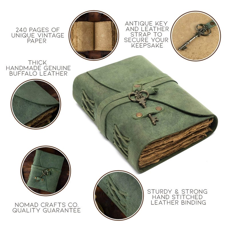 NomadCraftsCo. Vintage Leather Journal - Antique Handmade Deckle Edge Vintage Paper Leather Bound Journal - Book of Shadows Journal - Leather Sketchbook - Drawing Journal - Great Gift (Green, 7.5"x5.5") - Image 2