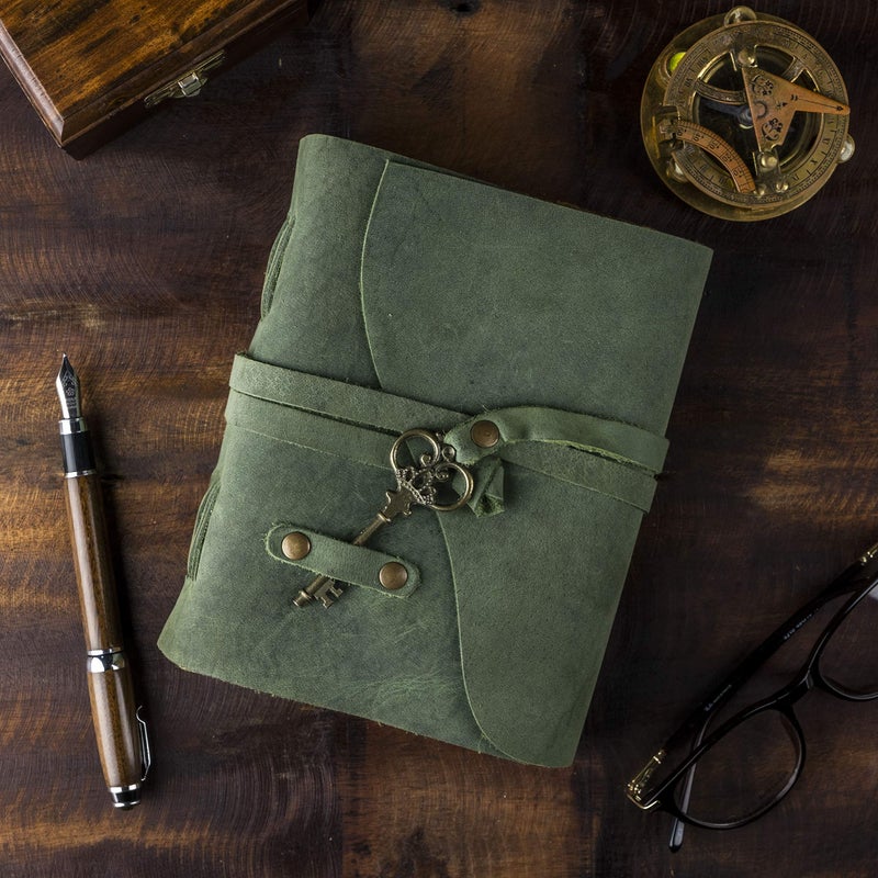 NomadCraftsCo. Vintage Leather Journal - Antique Handmade Deckle Edge Vintage Paper Leather Bound Journal - Book of Shadows Journal - Leather Sketchbook - Drawing Journal - Great Gift (Green, 7.5"x5.5") - Image 3
