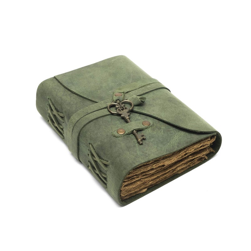 NomadCraftsCo. Vintage Leather Journal - Antique Handmade Deckle Edge Vintage Paper Leather Bound Journal - Book of Shadows Journal - Leather Sketchbook - Drawing Journal - Great Gift (Green, 7.5"x5.5") - Image 1