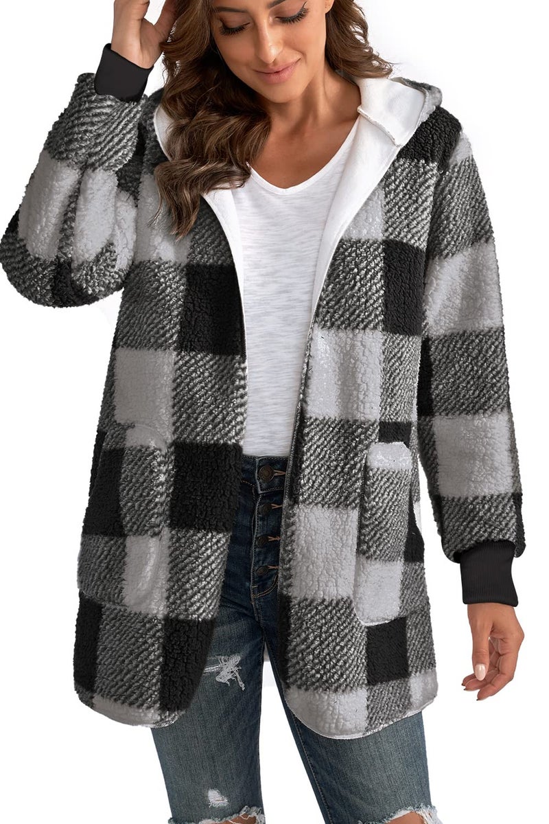 Yanekop Womens Fuzzy Fleece Jacket Oversized Cozy Lounge Sweater Cardigan Long Plus Size Cardigan Winter Coats Outerwear(A Black Grey,3XL) - Image 2