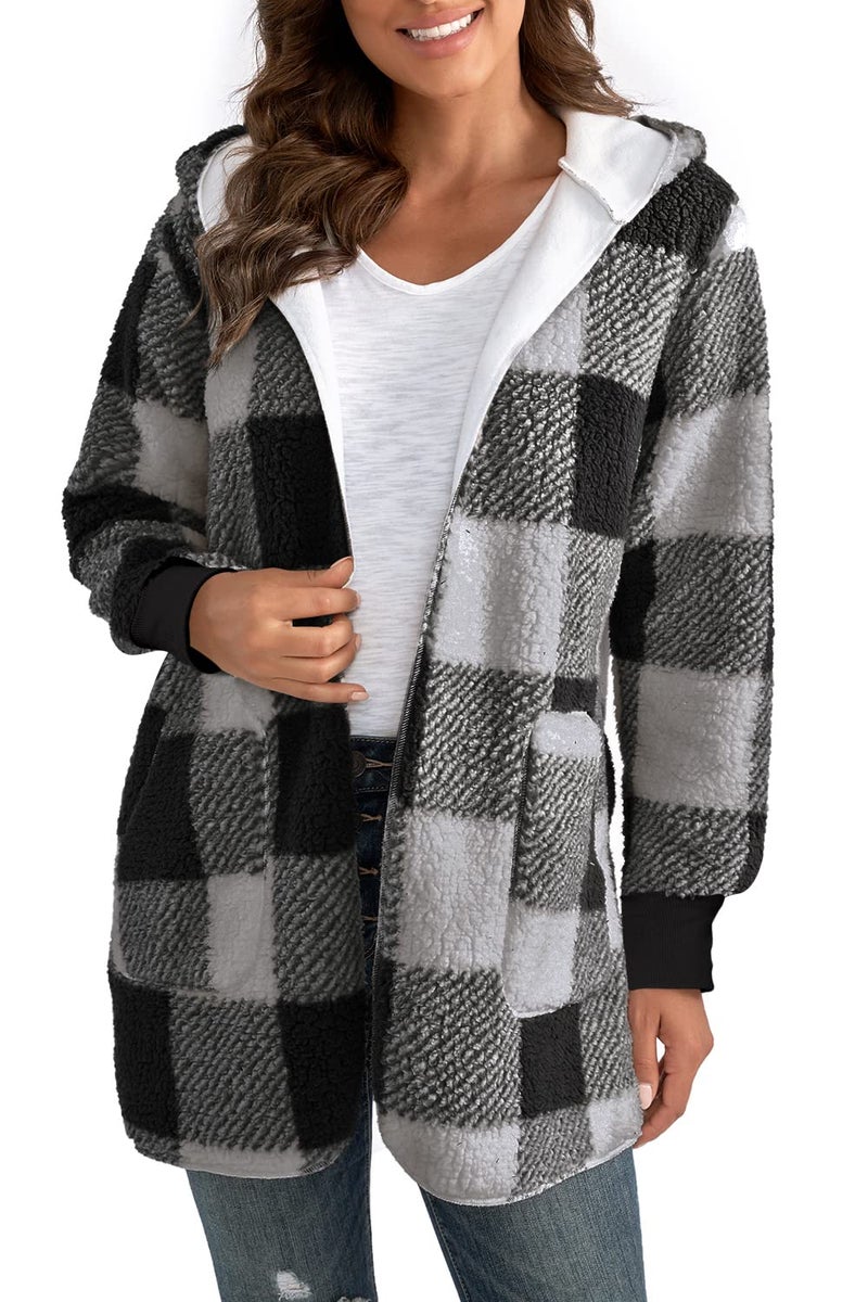 Yanekop Womens Fuzzy Fleece Jacket Oversized Cozy Lounge Sweater Cardigan Long Plus Size Cardigan Winter Coats Outerwear(A Black Grey,3XL) - Image 3